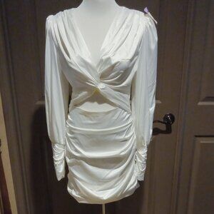 White long sleeve satiny dress, ruched sides and sleeves, size Small